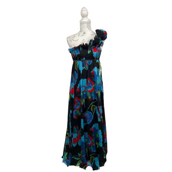 Aqua One Shoulder Chiffon Floral Ruffle Maxi Dress Size 2 NWT - Picture 2 of 13